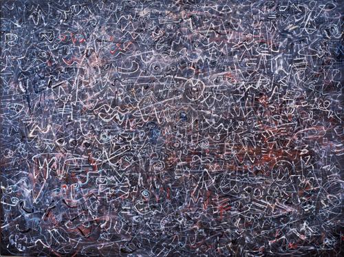 Mark Tobey, Written over the Plains, 1950.  Mixed media on paper mounted on Masonite.  San Francisco Museum of Modern Art, Gift of Mr.  and Mrs.  Ferdinand C.  Smith