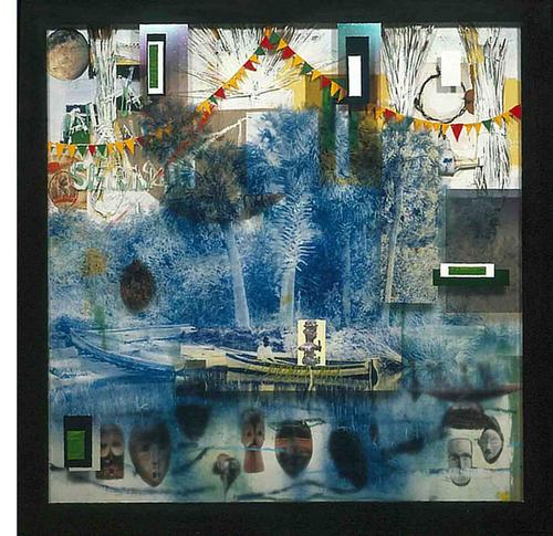 Radcliffe Bailey, En Route, 2005.  Mixed media with photograph on Plexiglas, coconut palms, felt, acrylic, and wood.  High Museum of Art, Atlanta, Purchase with David C.  Driskell African American Art Acquisition Fund, 2006.21.