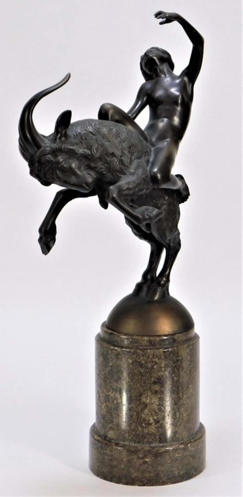 Bronze statue of a classical nude woman with a raised arm on the back of a rearing ram by Walter Sebastian Resch (German, 1889-1962), overall 18 ½ inches tall (est.  $1,500-$2,500).  