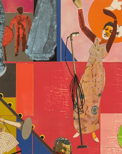 Romare Bearden (1911-1988), “Billie Holiday” (detail), 1973, collage of various papers, acrylic and fabric on fiberboard 27" x 31" / 68.6 x 78.7 cm, signed 