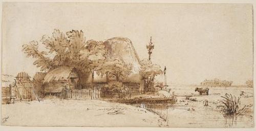 Rembrandt Harmensz.  van Rijn, Dutch, A Farm on the Amsteldijk(?), c.  1648–50.  Brown ink, brown wash, and white opaque watercolor on cream antique laid paper.  The Maida and George Abrams Collection, Fogg Art Museum, Harvard University, Cambridge, Massachusetts, Gift of George Abrams in memory of Maida Abrams, 2004.181.