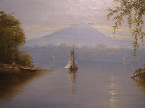 Oil on canvas View of Sugarloaf Mountain on the Hudson River with Sailboat by Norton Bush (1834-1894), artist signed and dated 1874, 13 inches by 24 inches (sight, less frame).