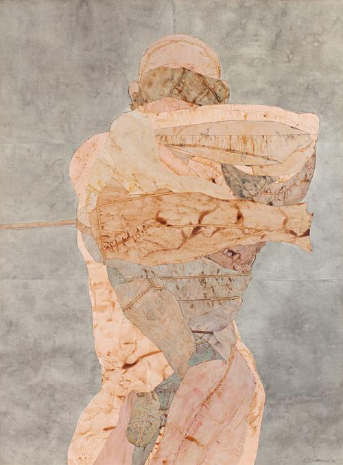 Nancy Grossman (b.1940), Tethered Figure with Rising Arms, 1976, collage of dyed paper, tape, and watercolor on Masonite, 48 x 35 1/2 inches / 121.9 x 90.2 cm, signed 