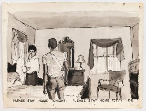 Darrel Ellis, Untitled (Please Stay Home Tonight, Please Stay Home Today), c.  1981–85.  Graphite, pen, ink, and ink wash on paper.  Courtesy of Candice Madey, New York.  Photo: Adam Reich.