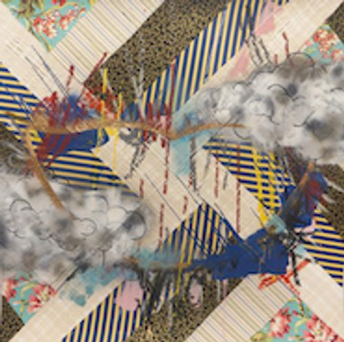 anford Biggers, QC #15, 2013; Textiles and fabric treated with acrylic and spray paint on archival paper, 48 x 48 inches; image courtesy of Monique Meloche Gallery, Chicago, IL 