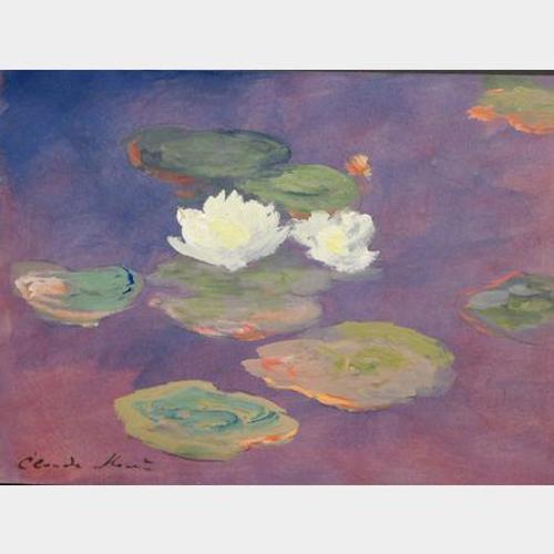 Oil and gouache painting attributed to Claude Monet (Fr., 1840-1926), titled Les Nymphaes (Water Lilies), signed lower left (est.  $40,000-$60,000).