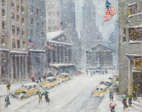 Oil on canvas painting by Guy Carleton Wiggins (American, 1883-1962), titled A View of Broad Street, The New York Stock Exchange, and the Treasury Building in the Distance, signed lower right "Guy Wiggins”, 24 inches by 30 inches.  Estimate $100,000-$150,000.