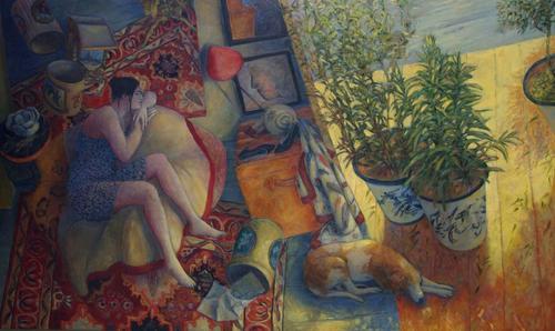 Do Fournier (French, b.  1951) Salon et terrasse (Lounge on the Terrace) Oil on canvas, 38 x 64 inches Signed 