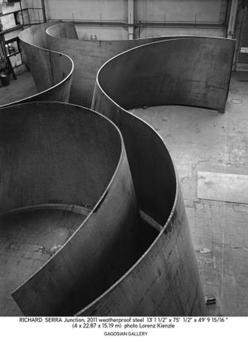 Richard Serra, Junction (2011) weatherproof steel, 13’ 1 1/2“ x 75’ ½” x 75’ ½’ x 49’ 9 15/16” (4 x 22.87 x 15.19 m).  Photograph by Lorenz Kienzle.  Courtesy of Gagosian Gallery © Richard Serra, 2011
