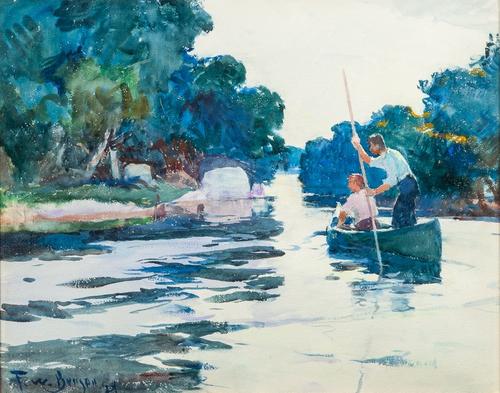 Frank W.  Benson (1862-1951), Poling the Canoe, 1929, watercolor, 20 by 24 1/2 in., Estimate: $50/60,000