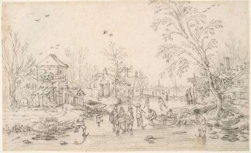 Esaias van de Velde, Dutch, Farms and a Dovecote by a Frozen River, c.  1617–18.  Black chalk on off-white antique laid paper.  The Maida and George Abrams Collection, Fogg Art Museum, Harvard University, Cambridge, Massachusetts; Gift of George Abrams in honor of Egbert Haverkamp-Begemann, 2015.169.