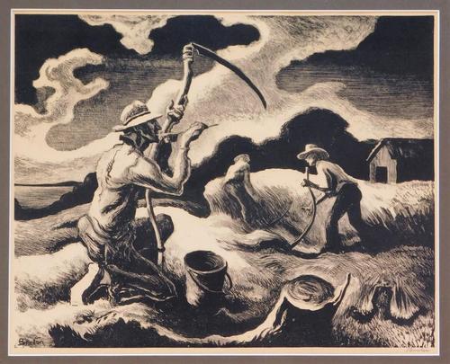 Original lithograph on paper by Thomas Hart Benton (American, 1889-1975), titled Island Hay (1945), 11 ¼ inches by 16 ¼ inches (sight, less frame), signed “Benton” (est.  $2,000-$3,000).