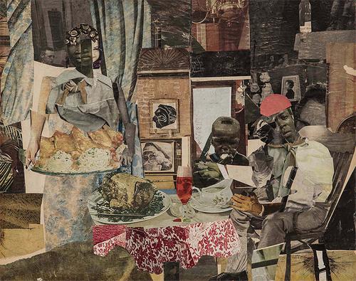 Romare Bearden (1911-1988), “The Evening Meal of Prophet Peterson”, 1964, collage of various papers on paperboard, 12 1/2" x 15 3/4" / 31.8 x 40.0 cm, signed and dated