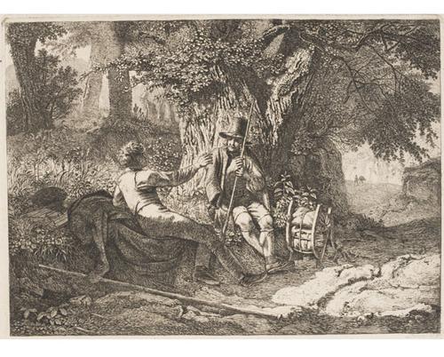 The Artist Resting with His Guide by the Roadside, 1819.  Johann Christoph Erhard, German, 1795 1822.  Etching and engraving and drypoint, Plate: 7 15/16 x 8 1/16 inches (20.2 x 20.4 cm), Sheet: 8 3/16 x 10 11/16 inches (20.8 x 27.2 cm).  Philadelphia Museum of Art