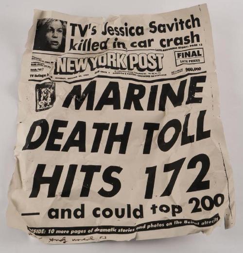 Synthetic polymer and silkscreen ink on aluminum sheeting sculpture by Andy Warhol, using a front page from the New York Post (est.  $40,000-$60,000).