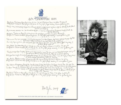 Bob Dylan’s handwritten lyrics to Mr.  Tambourine Man, penned on a sheet of Ritz-Carlton Hotel stationery and signed by the singer-songwriter as “Bob Dylan 2009” (est.  $50,000-$60,000).