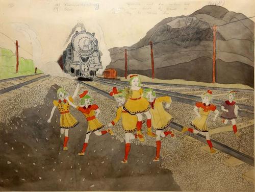 Henry Darger, Jenny and her Sisters are Nearly Run Down by Train, watercolor,pencil on paper,18x24" 