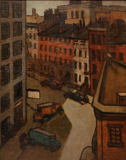 Original oil on board painting by John Sloan (Am., 1871-1951), of a street scene with cars and buildings (est.  $80,000-$100,000).