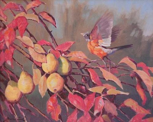 Daniel Loge, Robin in a Pear Tree, o/c 16 x 20 in.