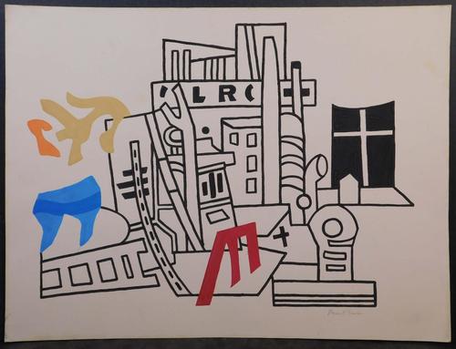 Gouache on paper done in the manner of Stuart Davis (American, 1892-1964), titled New York Waterfront, signed lower right, undated, unframed, 19 inches by 25 inches (est.  $1,500-$5,000).