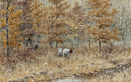 Arthur Burdett Frost (1851-1928) | "Fall Woodcock Shooting," 1885 | watercolor and gouache, 13.5 by 22.5 inches | Estimate: $70,000-$90,000