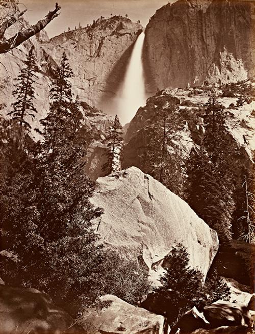 Carleton E.  Watkins, Upper Yosemite Fall, Yosemite, 1865–66.  Albumen silver print.  Lent by Department of Special Collections, Stanford University Libraries