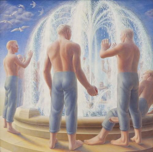 George Tooker (1920-2011), Fountain, 1950, egg tempera on gesso panel, 24" x 24", signed