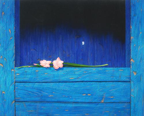 Miguel Florido - Gladiola on Blue Door, 2010, oil on canvas, 31" x 39" 