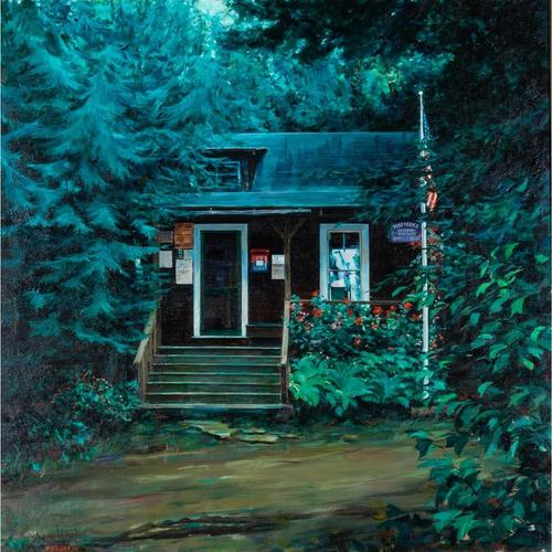 Oil on canvas by Frederick Widlicka (1907-1994), titled Adirondacks Post Office, Upper St.  Regis Landing, signed and dated “77” lower left and nicely housed in a frame (est.  $200-$400).