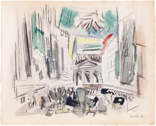 John Marin (1870-1953), Movement Broad St.  N.Y.C (aka Downtown-Vicinity of Wall St.), 1930, watercolor and charcoal on paper, 22 x 27 inches / 55.9 x 68.6 cm, signed