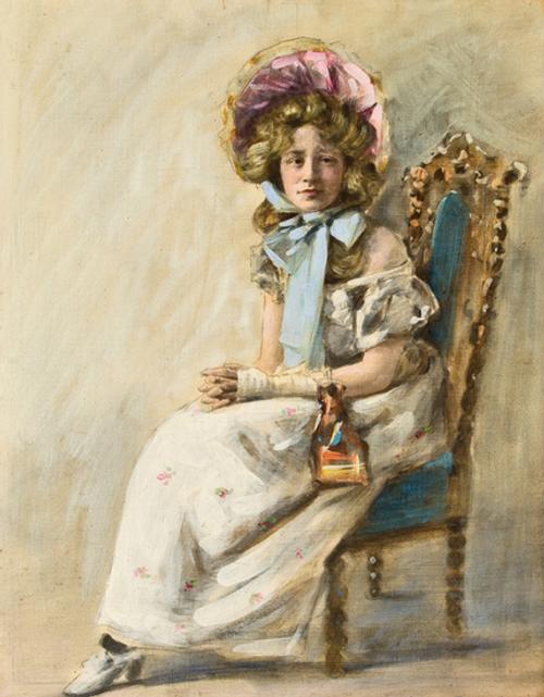 Menpes (Mortimer Luddington, 1855-1938 ) Portrait of a young lady, oil and watercolour over pencil, on board, 405 x 315mm.  (16 x 12½ ins), signed lower right, framed and glazed .  £3000 – £5000 Provenance: Purchased from the daughter-in-law of the sitter, Dorothy Menpes, the artist’s daughter, and goddaughter of James Whistler.  