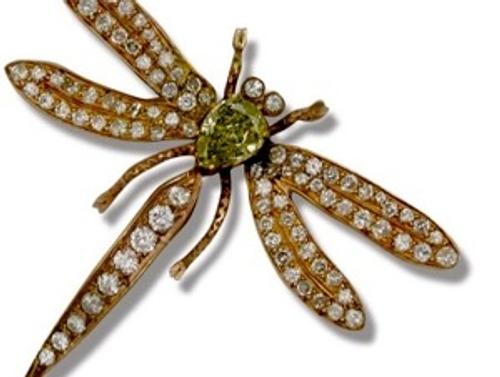 Jerome Heidenreich, based in Los Angeles, will display this beautiful dragonfly brooch set with a GIA certified 1.81 carat natural fancy intense green-yellow diamond, circa 1960.