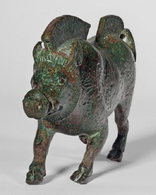 Wild boar, Greek, Archaic period, late 6th century BCE.  Leaded bronze.  Harvard Art Museums/Arthur M.  Sackler Museum, Alpheus Hyatt Purchasing Fund, Marian H.  Phinney Fund, David M.  Robinson Fund, Estate of Leo Mildenberg, and Acquisitions Fund in honor of David Gordon Mitten, 2012.211.