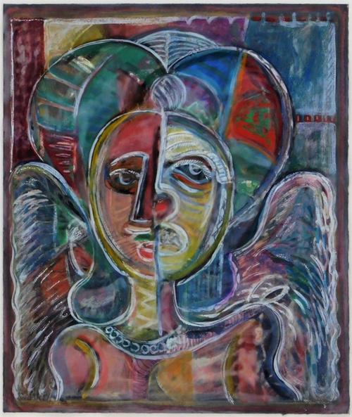 Colorful egg tempera on paper depiction of an angelic figure in abstract by David Clyde Driscoll (Md./Washington, D.C., 1931-2020), titled Masked Angel on verso (est.  $3,000-$5,000).