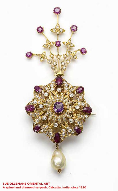 Sue Ollemans Oriental Art.  A spinel and diamond sarpesh, Calcutta, India, c.  1920.