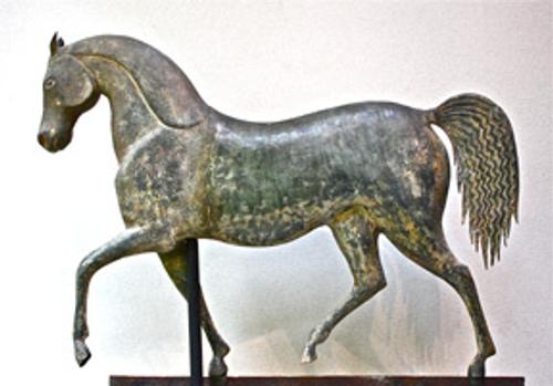 "Index Horse" weathervane, attributed to J.  Howard & Co., Bridgewater, Massachusetts, ca.1850, copper and cast zinc, 20 x 24 inches, Private Collection.  