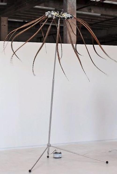 Alan Rath, "Absolutely," 2012.  Pheasant feathers, aluminum, fiberglass and custom electronics; 180 x 144 x 144 inches; San Jose Museum of Art.  GIft of the Lipman Family Foundation.  