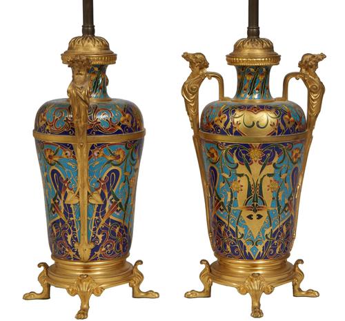 Pair of late 19th century F.  Barbedienne (1820-1892) champleve and gilt bronze covered urns (est.  $1,000-$2,000).