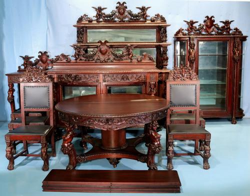 Stunning circa 1890 11-piece mahogany R.J.  Horner dining suite with cupids, an exact match suite with even the feet matching (a rarity); just two owners in its life (est.  $35,000-$75,000).  