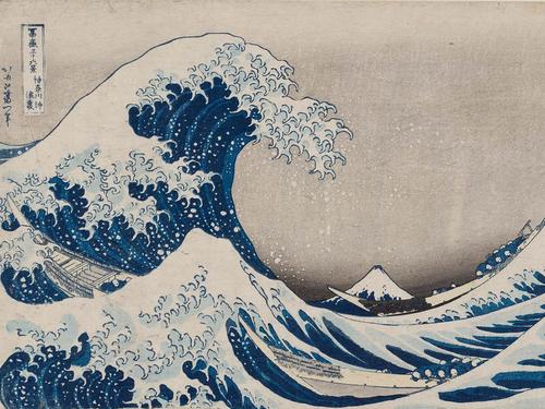 atsushika Hokusai, Under the Wave off Kanagawa (Kanagawa oki nami ura), also known as the Great Wave, from the series Thirty six Views of Mount Fuji (Fugaku sanjûrokkei), Japanese, Edo period, about 1830–31.  Woodblock print (nishiki e); ink and color on paper.  William Sturgis Bigelow Collection.