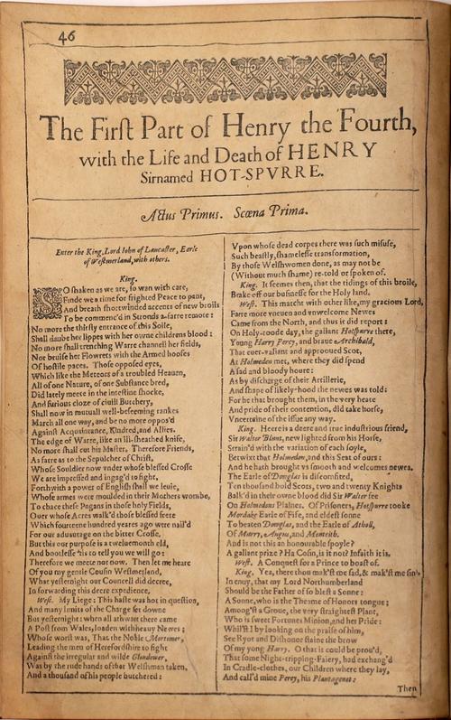 An exceedingly rare First Folio single play “fragment” of William Shakespeare’s The First Part of Henry the Fourth, published in 1623, will be sold to the highest bidder October 29th.  