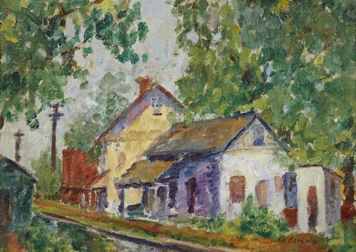 Oil on board by Charles Camion (Fr., 1879-1965), titled Village Street Scene (est.  $15,000-$25,000).