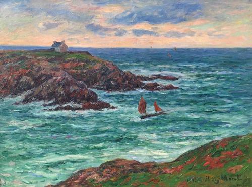 HENRY MORET (French, 1856-1913) Marine Douëlan, Bretagne (Voiliers au large de Douëlan) Oil on canvas 23 5/8 x 31 7/8 inches (60 x 81 cm) Signed and dated lower right: Henry Moret, 1902 Framed: 34 x 42 inches