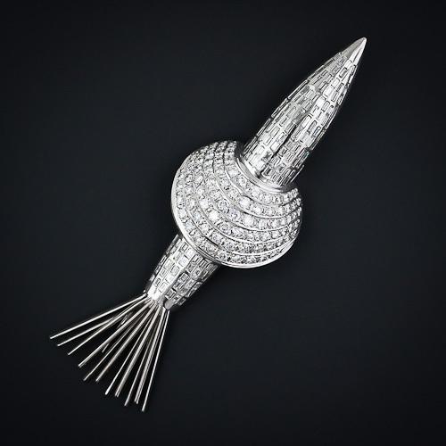 Mid-1960s Rocket Ship Brooch, platinum and diamonds.