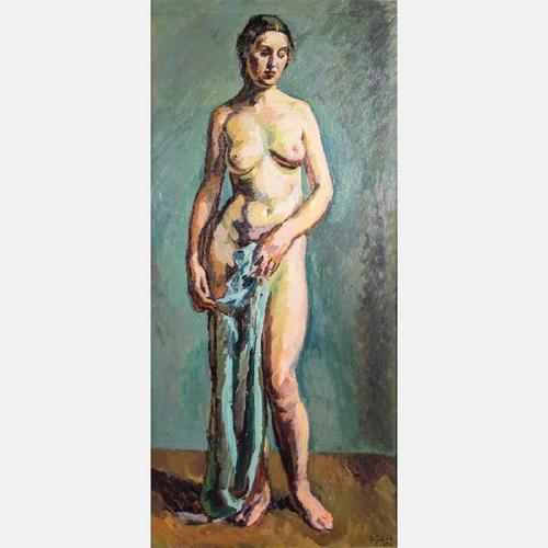 Oil on canvas nude rendering by the Scottish painter Duncan Grant (1885-1978), signed and dated (“32”) lower right and measuring 47 inches by 22 inches (est.  $30,000-$50,000).