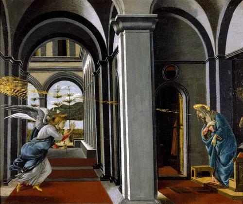 Sandro Botticelli (and Possibly Assistant), "The Annunciation," ca.  1490–95.  Oil, tempera, and gold leaf on walnut panel, 19 1/2 x 24 7/16 in.  (49.5 x 61.9 cm).  Glasgow Museums; Bequeathed by Archibald McLellan, 1856 (174).  © CSG CIC Glasgow Museums Collection.  Courtesy American Federation of Arts.