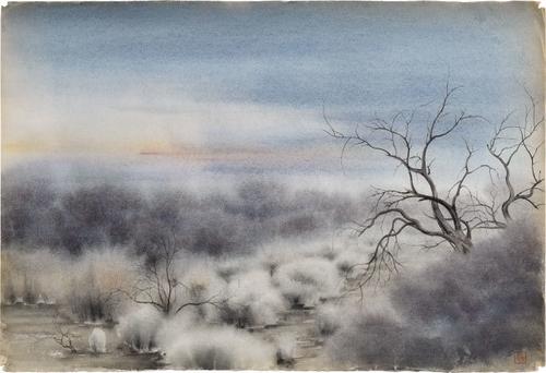 Kakunen Tsuruoka, (1892-1977) untitled (mesquite with mist lingering on brush), watercolor on paper, ca.  1942-44