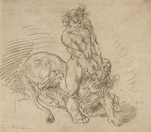 Eugène Delacroix, Hercules Conquering the Nemean Lion, 1849.  Graphite on paper.  Collection of the McNay Art Museum, Bequest of Mrs.  Jerry Lawson.