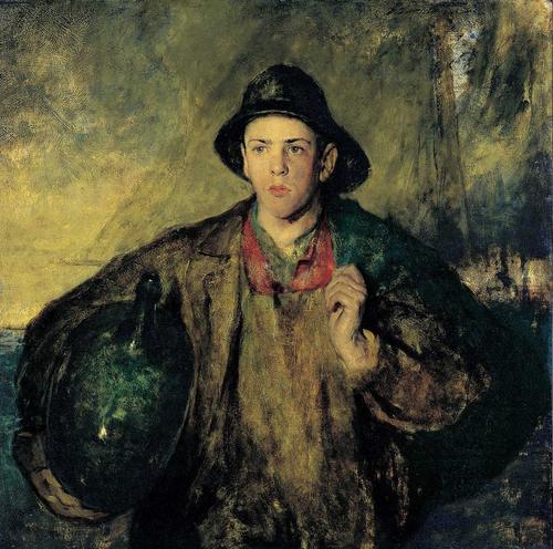 Charles W.  Hawthorne (1872–1930).  "The Fisher Boy", 1908.  Oil on canvas on board, 39 1/8 x 39 1/8 in.  New Britain Museum of American Art, John Butler Talcott Fund (1912.02)