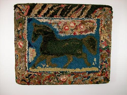 Late 19th Century Hooked Rug with Horse and Abstract Flowers.  Jewett-Berdan Antiques.